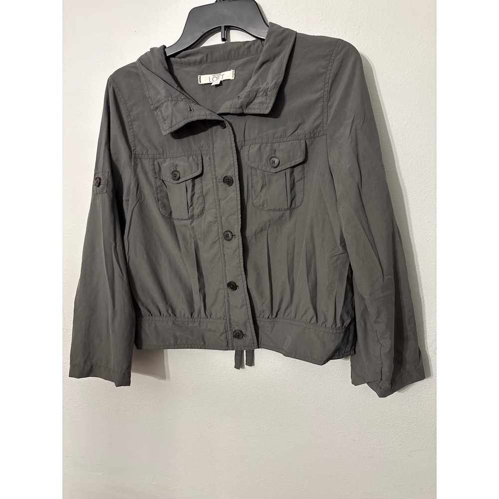 Ann Taylor Loft Utility Jacket Womens SP Grey Excellent Roll Tab Sleeve